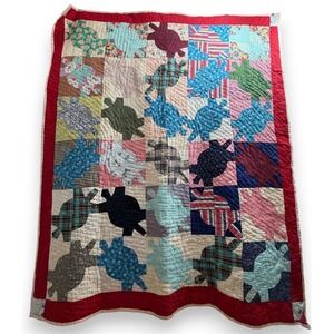 Vintage Handmade Quilt 78x63.5 Multicolor Turtle Patchwork Folk Art 1960s 50s